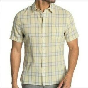Vince. Yellow & Grey Plaid Linen Cotton Blend Short Sleeve Classic Fit Shirt Lrg